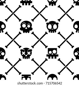 Halloween skull vector seamless pattern, Mexican cute black skulls with bones design, Dia de los Muertos background
