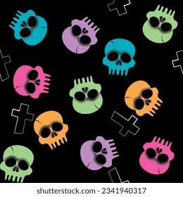 Halloween skull Vectors. Halloween seamless pattern. Colorful of Skeleton Skull. Skull pattern with a cross. Isolate on black background.
