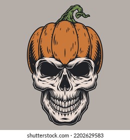 Halloween skull vintage label colorful pumpkin and detailed dead man face with scary smile for your holiday party vector illustration