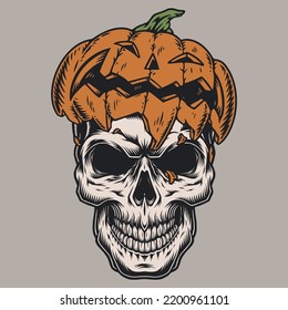 Halloween skull vintage sticker colorful with pumpkin instead hat for holiday or party dedicated to All Saints Day vector illustration