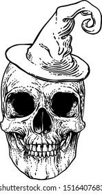 A Halloween skull wearing a witch hat in a vintage retro woodcut style