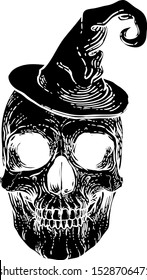 A Halloween skull wearing a witch hat in a vintage retro woodcut style