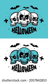 Halloween skull wearing a witch hat in a vintage retro woodcut style black engraving cartoon bat
