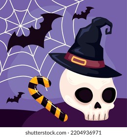 halloween skull with witch hat