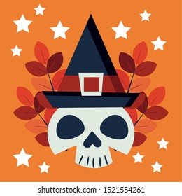 halloween skull with witch hat character vector illustration design