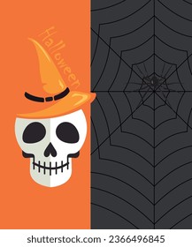 Halloween skull  with witch hat on orange background and spider web. Greeting card