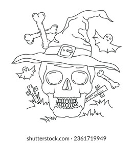 Cráneo de Halloween con esquema de sombrero de bruja Ilustración para el diseño de libros de color