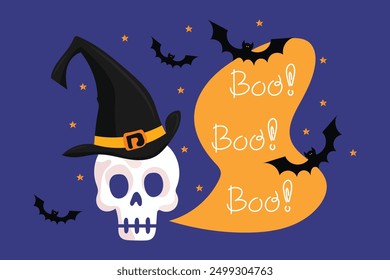 Halloween skull with witch hat says boo illustration on purple background. Traditional elements of Halloween holiday in children's cartoon style. For postcards, invitations, holiday decor.