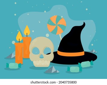 escena del cráneo de halloween y del sombrero de bruja