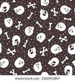 Halloween Skulls and bones dark seamless pattern. Childish vector illustration of funny dead faces in cartoon hand-drawn style isolated on white background. Ideal for fabric printing, packaging