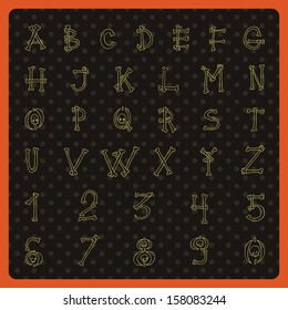 Halloween skulls and bones hand drawn vector full alphabet. The vector Roman font with numbers.