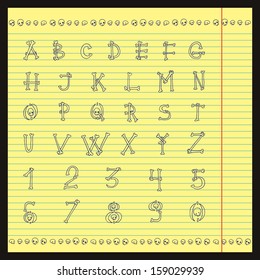 Halloween skulls and bones hand drawn vector full alphabet. The vector Roman font with numbers. On yellow notebook paper.