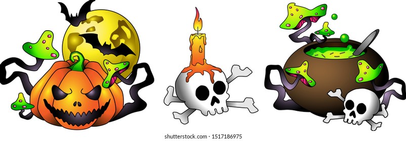 Halloween, skulls, bones, pumpkin, mushrooms, moon, bats and vat with potion