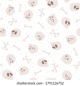 Halloween Skulls and bones seamless pattern. Childish vector illustration of funny beige dead faces in cartoon hand-drawn style isolated on white background. Ideal for fabric printing, packaging.