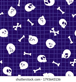 Halloween Skulls and bones seamless pattern. Childish vector illustration in cartoon hand-drawn style on purple lattice background. Ideal for fabric printing, packaging.