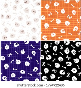Halloween Skulls and bones seamless pattern set. Childish vector illustration in cartoon hand-drawn style on orange lattice background. Ideal for fabric printing, packaging.