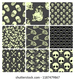 Halloween skulls and bones seamless patterns set. Hand drawn vector holidays backgroundы over dark grey.