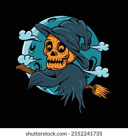 HALLOWEEN, A Skulls Broomstick Adventure ilustración vintage Vector de la vieja escuela