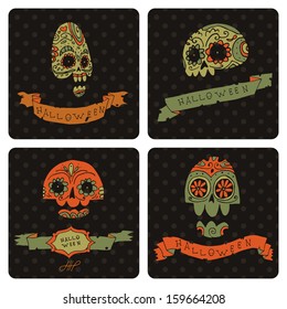 Halloween skulls postcard invitation set. Vector pattern for web page backgrounds, postcards, greeting cards, invitations, pattern fills, surface textures.
