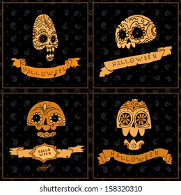 Halloween skulls postcard invitation. Vector pattern for web page backgrounds, postcards, greeting cards, invitations, pattern fills, surface textures.