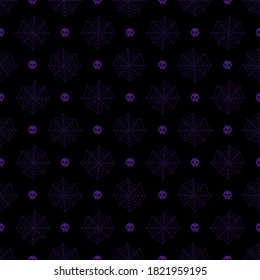 Halloween skulls vector pattern with cobweb. Cartoon style. Kawaii. Trick or treat. Cute holiday symbol. Funny illustration. For fabric, textile, postcards, posters, backgrounds and wrapping papers.