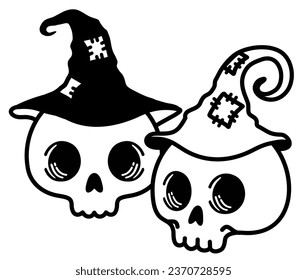A Halloween skulls wearing a witch's hat. Scary skull witch's hat and bones. Vector isolated illustration.  