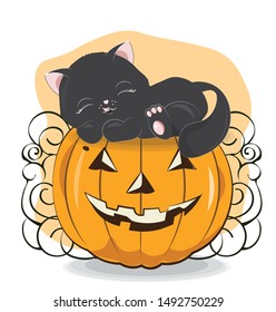 Halloween sleepping black cat on the pumpkin Can be used for t-shirt print, kids wear fashion design, baby shower invitation card.