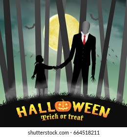 halloween slender tall man with girl in forest