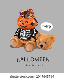 Slogan de Halloween con juguete de oso en disfraz de Halloween y ilustración de intercambio de cabeza de balde de caramelo