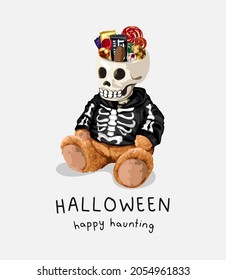 Halloween slogan with skeleton in Halloween costume and candy bucket head vector illustration