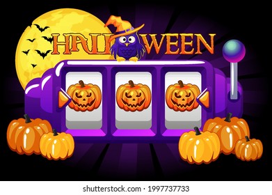 Halloween Slot Machine, pumpkin jackpot, lucky bonus for ui game. Vector illustration night festive banner win bet gambling machine for design.