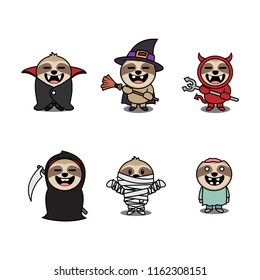 Halloween sloth cartoon character set, vector illustration