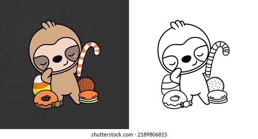 Halloween Sloth Clipart for Coloring Page and Illustration. Adorable Clip Art Halloween Animal. Cute Vector Illustration of a Kawaii Halloween Animals with Sweets.
