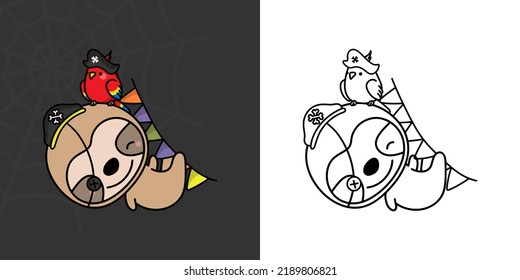 Halloween Sloth Clipart Multicolored and Black and White. Beautiful Clip Art Halloween Animal. Cute Vector Illustration of a Kawaii Halloween Animals in a Pirate Costume.
