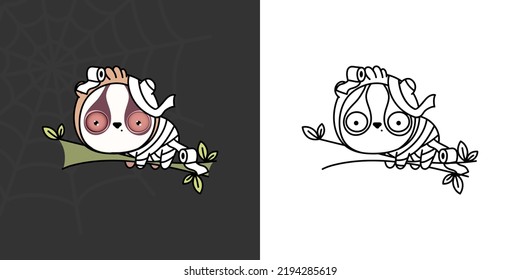 Halloween Slow Loris Clipart for Coloring Page and Illustration. Adorable Clip Art Halloween Animal. Cute Vector Illustration of a Kawaii Halloween Animals in Mummy Costume.
