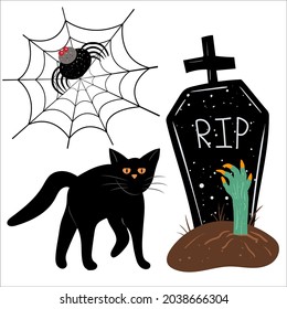 Halloween small set flat vector illustration, design elements, icons. Isolated objects on white background. Good for posters, party invitations, stickers, cards, gift.