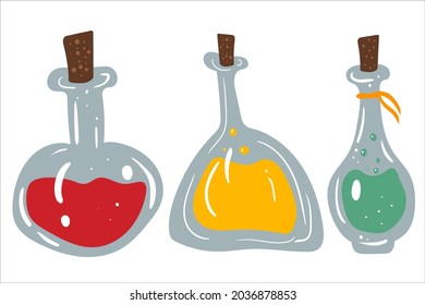 Ilustración vectorial plana, elementos de diseño, iconos de la poción pequeña de Halloween. Objetos aislados sobre fondo blanco. Bueno para afiches, invitaciones a fiestas, pegatinas, tarjetas, regalo.