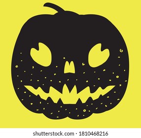 Halloween smiling black pumpkin on yellow background. Trick or treat dots holiday concept. Cartoon vector illustration for autumn event. 