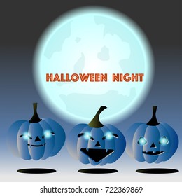 Halloween smiling blue pumpkin spooky with bright moon background, Vector illustrator 