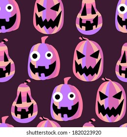 Halloween smiling pink pumpkins on purple seamless pattern. Fall season unusual funny and spooky carved pumpkins endless texture. 