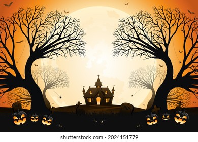 Halloween smiling pumpkin faces, haunted house and spooky trees with moonlight on orange background.