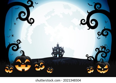 Halloween smiling pumpkin faces, spooky trees and haunted house with moonlight on blue background.