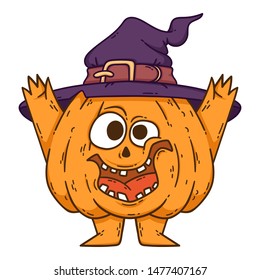 Halloween smiling pumpkin with hands and legs. Pumpkin with witch hat. Pumpkinhead jack. Vector illustration isolated on white background. Use for printing, posters, t-shirt design, postcards.