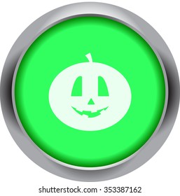 Halloween smiling pumpkin icon on metallic round colorful background