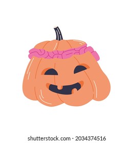 Halloween smiling pumpkin jack, hand drawn scary illustration. Cute orange face with pink brain sticker. Traditional spooky holiday symbol clipart design. Vector template, isolated on white background