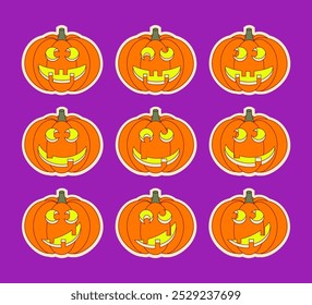 Halloween smiling pumpkin lanterns sticker set. Vector design. 