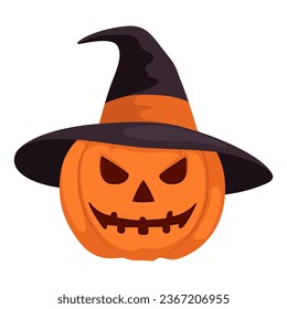 Halloween smiling pumpkin in witch hat. Template for autumn decorative design. Cartoon flat style. Isolated vector illustration 