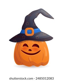 Halloween smiling pumpkin in witch hat on white background. Vector illustration.