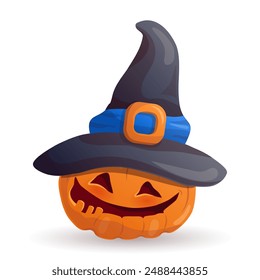 Halloween smiling pumpkin in witch hat on white background. Vector illustration.