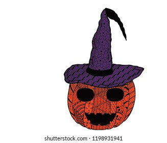 For Halloween. Smiling pumpkin in a witch's cap with patterns in Zenart style on a white background. Vector.